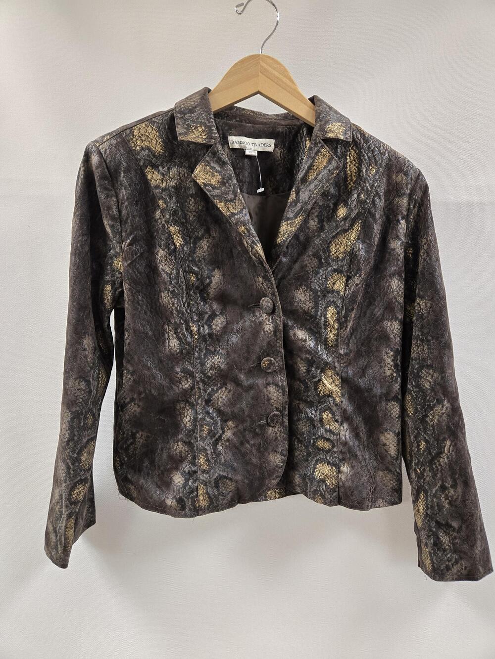 Bamboo Traders Blazer Womens Petite Large Brown Gold Snakeskin Print 3 Button